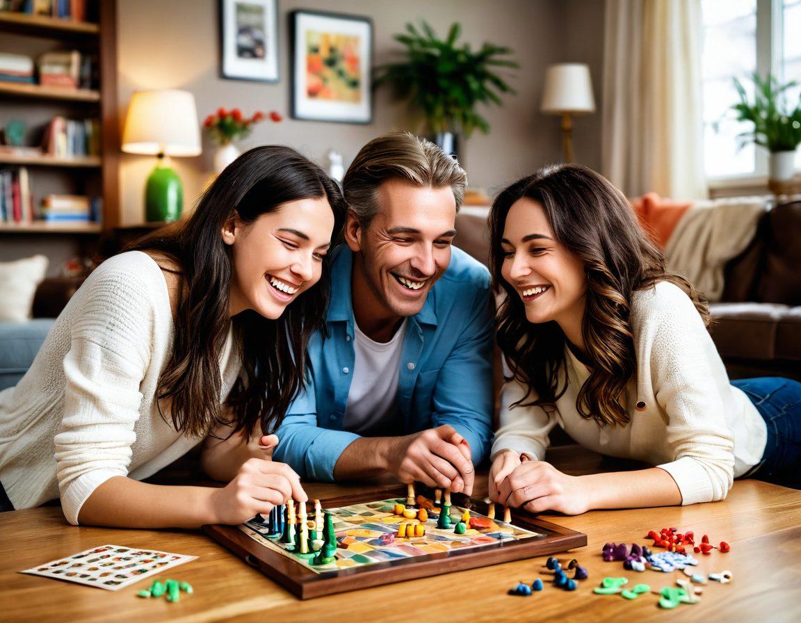 A joyful couple playing a board game together, surrounded by colorful game pieces and brain challenge puzzles, expressing laughter and affection. The setting is warm and inviting, with a cozy living room backdrop featuring soft lighting and personal touches like photos and plants. Highlight the emotional connection and fun energy between them. vibrant colors. warm lighting. super-realistic.