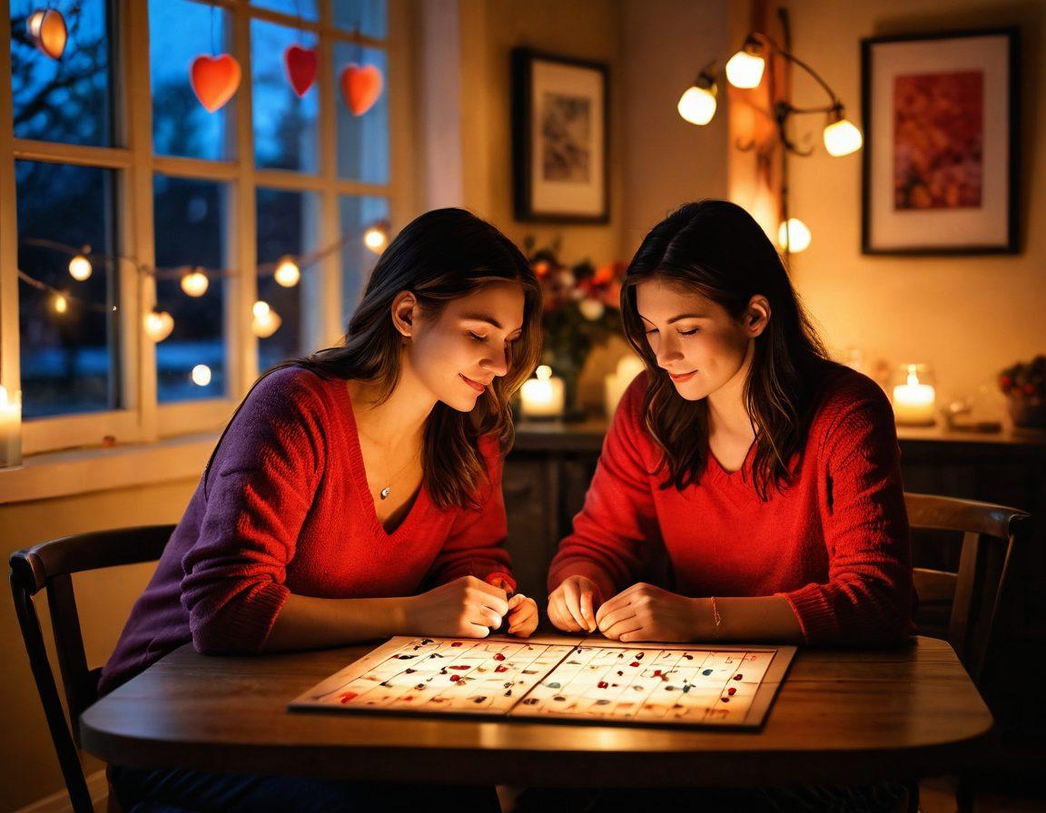 A cozy setting with a couple playfully solving Sudoku puzzles together, surrounded by warm candlelight and vibrant heart-shaped decorations. Add whimsical mind games scattered on the table, showcasing colorful game pieces and charts. The atmosphere should evoke warmth and intimacy, highlighting expressions of joy and camaraderie. Use rich, romantic colors and soft lighting for a dreamy effect. super-realistic. vibrant colors. warm tones.