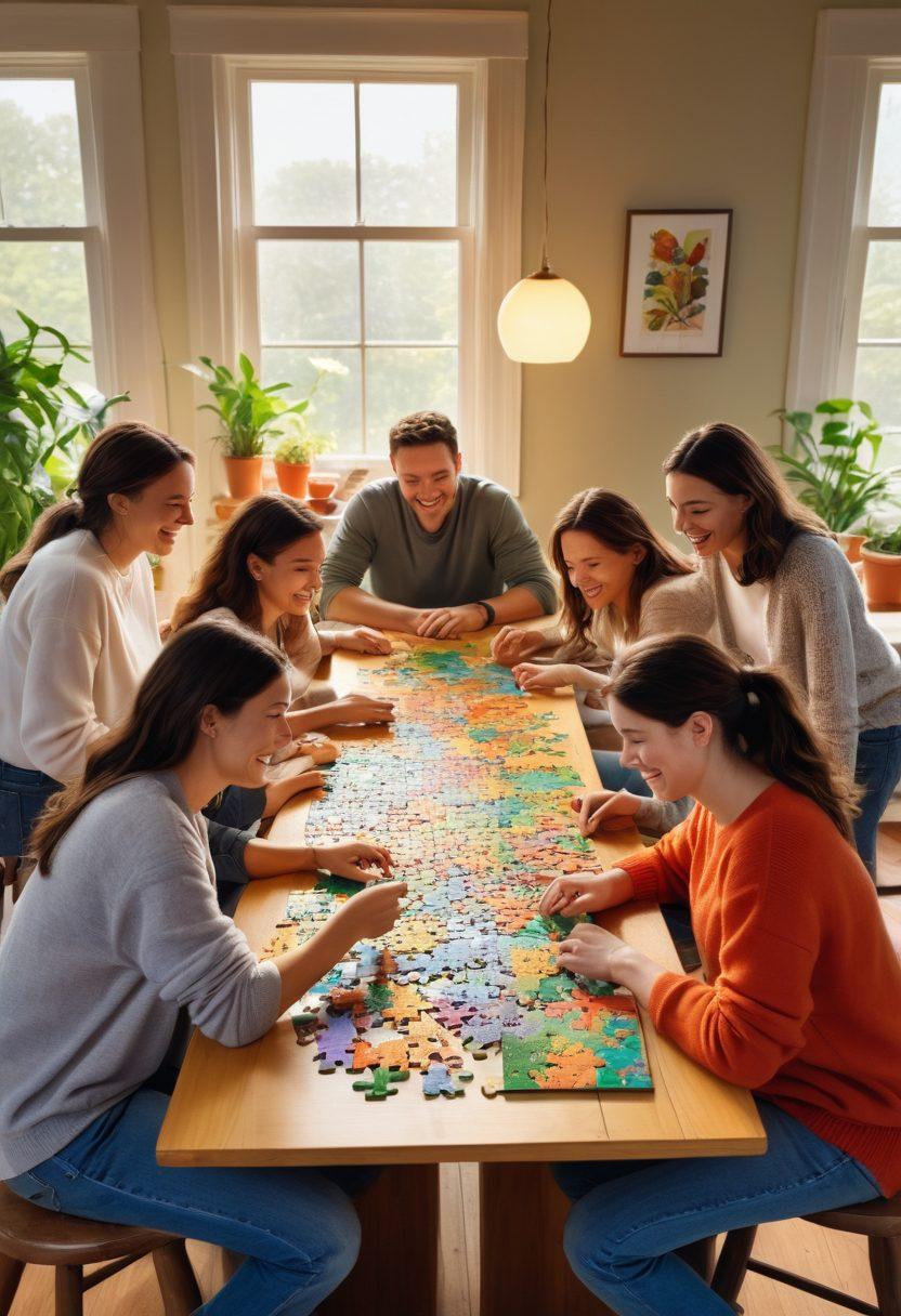A lively scene depicting a diverse group of friends gathered around a large table, joyfully solving various colorful puzzles together. The setting is a cozy, well-lit room filled with plants, books, and puzzle pieces scattered around, symbolizing teamwork and engagement. In the foreground, a completed puzzle reveals a vibrant landscape, representing the joy of accomplishment. The atmosphere is cheerful and inviting, exuding a sense of camaraderie and fun. vibrant colors. super-realistic. cozy interior.